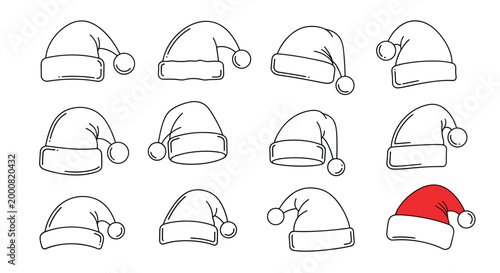 Collection of hand-drawn Santa Claus hats in different positions and styles, with one prominently highlighted in bright red color on a white background.