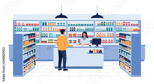 Modern pharmacy interior showing a male customer standing at the counter being assisted by a female pharmacist with shelves full of medicine bottles.