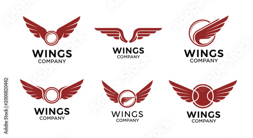 Set of six maroon winged logo designs for companies or organizations featuring variations of wings, circles, and feathers with a professional look.