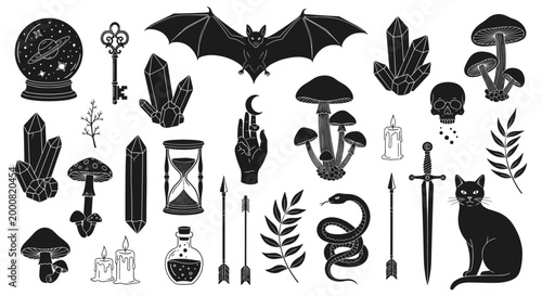 Large set of black gothic and mystical illustrations including a skull, bat, cat, mushrooms, crystals, and magical items on a white background.