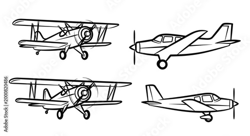 Detailed line art sketches of vintage biplanes and modern small propeller aircraft in different flight perspectives on a plain white background.