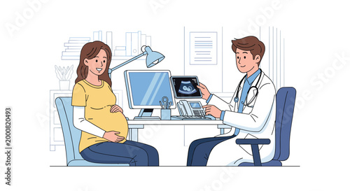 Pregnant woman sitting in a medical office while a male doctor shows her an ultrasound image on a digital tablet, discussing her baby's health.