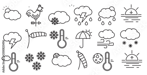 Weather icons. Weather forecast icon set. Clouds logo. Weather , clouds, sunny day, moon, snowflakes, wind, sun day. Vector illustration.