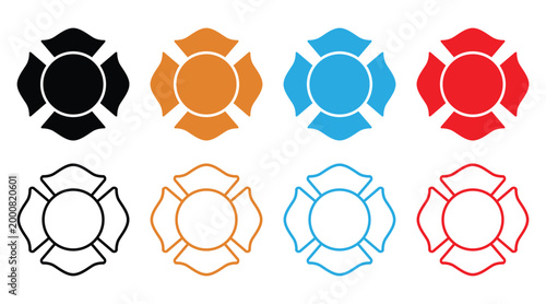 A collection of firefighter Maltese cross symbols, often used in fire department badges and emblems.