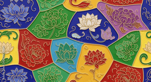 Colorful lotus flower mosaic art with gold outlines