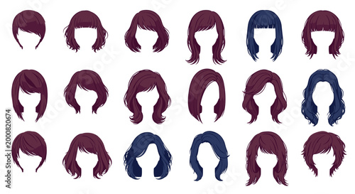 Comprehensive set of female hairstyles in shades of deep purple and navy blue, showing different lengths and textures for character design.