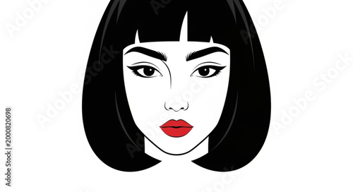 Stylized Portrait of a Woman with Black Bob Haircut and Red Lips.