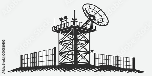 Billede på lærred Vector graphic illustration of a secure satellite tower facility with surveillan
