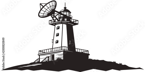 Bild auf Leinwand Black and white silhouette icon of a lighthouse with a large satellite dish ante