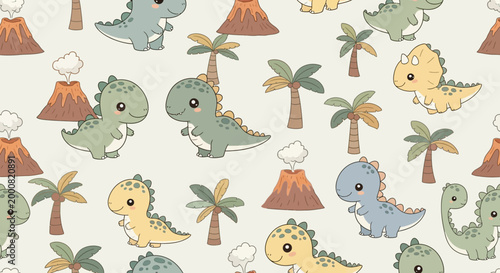 Cute cartoon dinosaurs and volcanoes pattern for kids