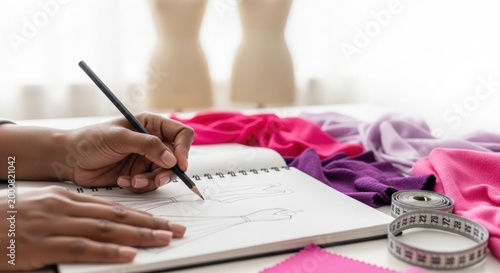 Fashion design process with sketchbook, hand holding pencil over fabric in studio, creative workspace with vibrant textiles and measuring tape. Concept fashion design and creativity.
