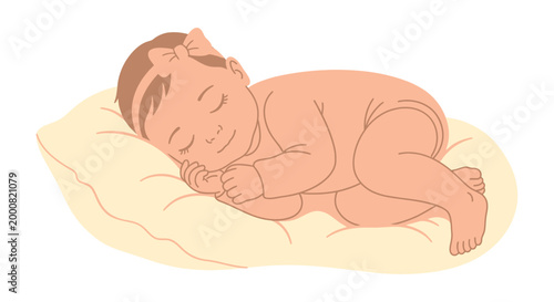 sleeping baby girl with pink bow on white pillow