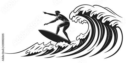Black and white silhouette of a surfer riding a large ocean wave pointing forward with silhouette surfboard adventure lifestyle recreation vacation illustration monochrome isolated background
