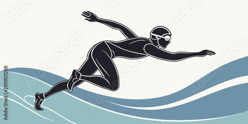 Billede på lærred Minimalist silhouette graphic of a competitive swimmer in water waves with swimm