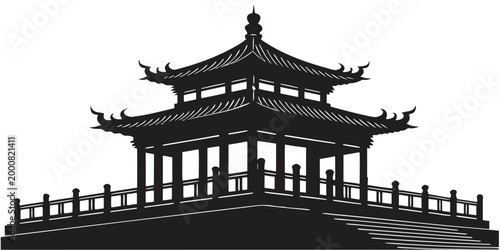 Elegant black and white silhouette of a traditional asian wooden pavilion with a tiered roof and railing isolated on white background pavilion architecture building traditional structure