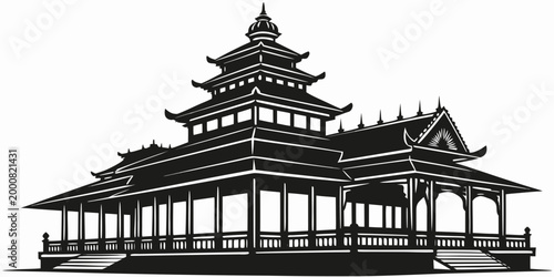 Schilderij op canvas Black and white vector illustration of an ornate traditional asian pagoda buildi