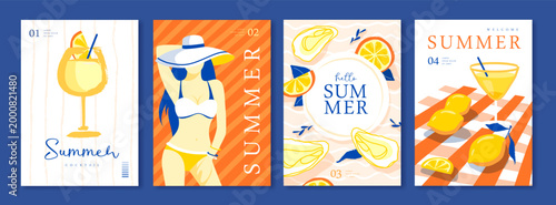 Set of summer Italian posters or covers with woman silhouette, cocktails, lemonade, lemons, oysters and tablecloth. Vector illustration