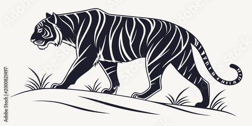 Stalking bengal tiger silhouette graphic illustration with tiger strikes nature art stripes pattern jungle king graphic design wild life predator wildlife silhouette stalking illustration