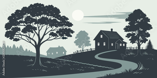 Country landscape silhouette illustration with farmhouse and trees landscape silhouette farmhouse countryside illustration background pastoral peaceful seclusion outdoors minimalist