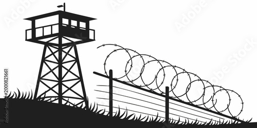 Security watchtower silhouette with barbed wire fence border watchtower security silhouette protection military boundary restricted surveillance fortification industrial observation