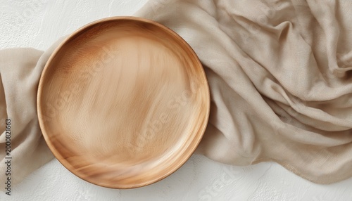 Top View Image Of Empty Round Wooden Plate With Beige Tablecloth On White Wooden Table. Glancing Down On A Beautiful Setting.