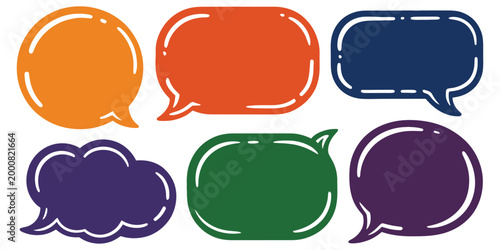 Set of six colorful hand drawn rounded rectangle text boxes with white outlines and glossy highlight details perfect for fun labeling or design elements vector illustration, playful sticker style 