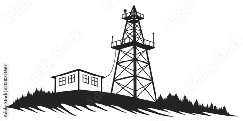 Oil drilling rig silhouette on hilltop industrial site with drilling industrial petroleum extraction silhouette structure industry platform machinery landscape technology production
