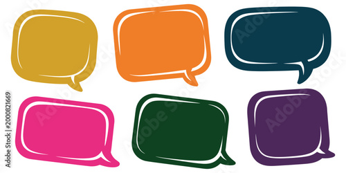 Set of six colorful hand drawn rounded rectangle text boxes with white outlines and glossy highlight details perfect for fun labeling or design elements vector illustration, vibrant decorative label 