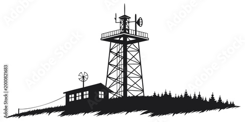 Black and white silhouette of a remote telecommunications tower and utility building in a forest setting with telecommunications silhouette broadcast transmission infrastructure wireless