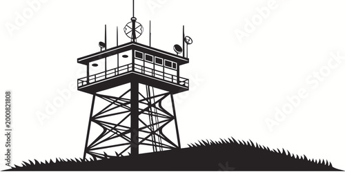 Black and white vector illustration of a communication watchtower on a hill with communication surveillance observatory structure broadcast transmitter observation telecommunications wireless