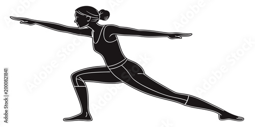 Graphic silhouette of woman performing yoga warrior pose with yoga position yoga class yoga studio yoga therapy silhouette exercise wellness stretching training meditation lifestyle