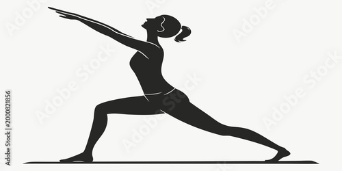Woman silhouette practicing yoga in warrior pose isolated on white background with silhouette exercise wellness meditation training lifestyle flexible physical mindfulness strength practice