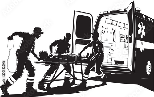 Paramedics loading patient onto ambulance stretcher