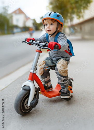 Little boy wearing a protective helmet rides a bicycle on the street during summer. Concept of active childhood, safety, and outdoor fun. Copy space included.
