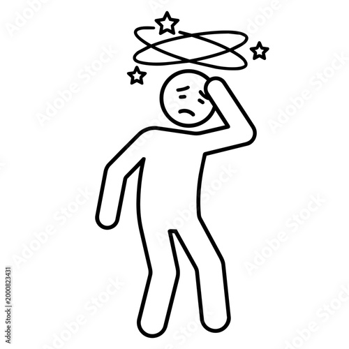 Line art stick figure icon suffering from dizziness, vertigo, or confusion with stars circling head.
