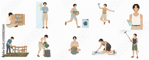 Foto Diverse Domestic Chore Collection Featuring a Young Man Performing Various House