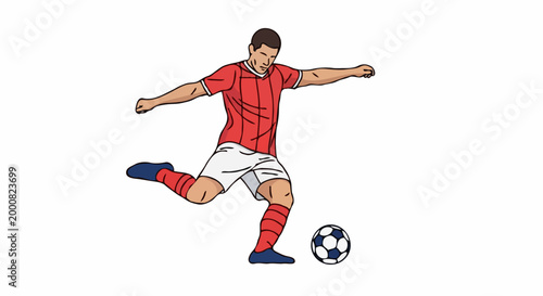 A determined soccer player kicking a soccer ball on a playing field 