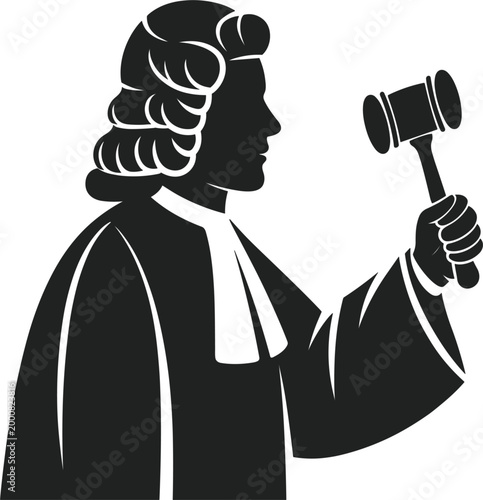 Professional vector silhouette of a judge or barrister in traditional wig and robe holding a gavel