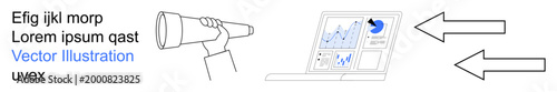 Market research, analytics, business growth, data visualization, forecasting, financial trends. A hand holding a telescope and a laptop screen displaying charts. Market research and analytics