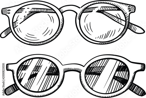 Professional vector line art illustration of classic round eyeglasses and sunglasses isolated on white background