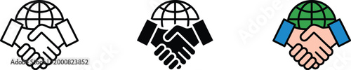Global business handshake icon set with globe in line art solid black and vibrant blue green colors for world cooperation concept