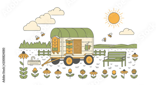 Vintage caravan, green roof, sunny landscape, floral pattern, travel trailer