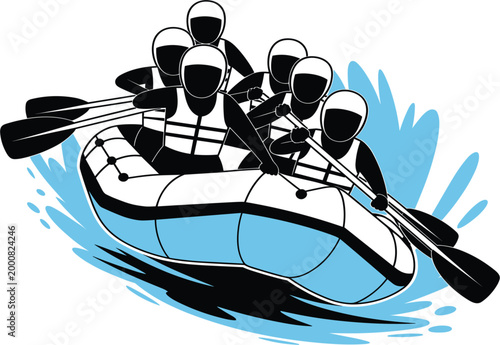 Professional vector illustration of a team white water rafting on a river with blue water splashes