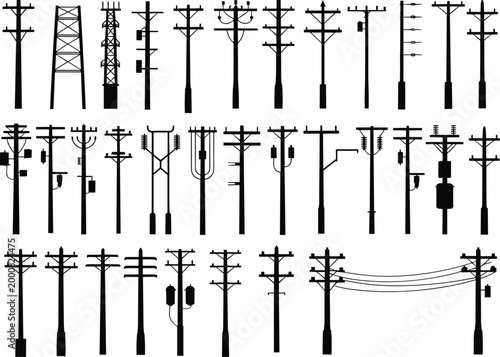 Utility pole silhouettes collection featuring electric power lines transformers and distribution poles in various designs isolated on white background vector set