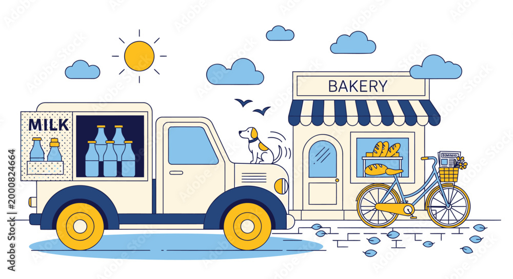 Fototapeta premium Vintage milk truck, bakery delivery, colorful illustration, cartoon vehicle
