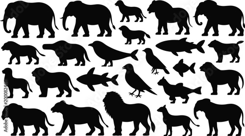 Wild and domestic animal silhouettes collection including elephants lions dogs birds and fish in various poses isolated vector set