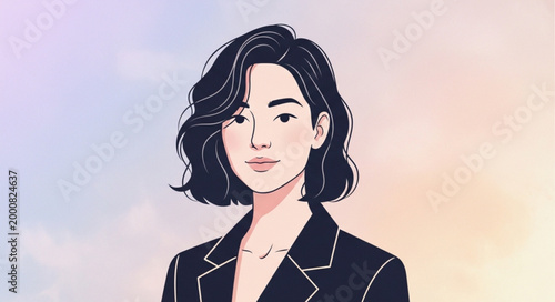 Stylized Portrait of a Young Woman with Dark Wavy Hair.