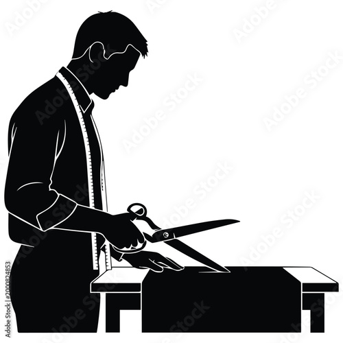 Professional tailor silhouette cutting fabric with large scissors