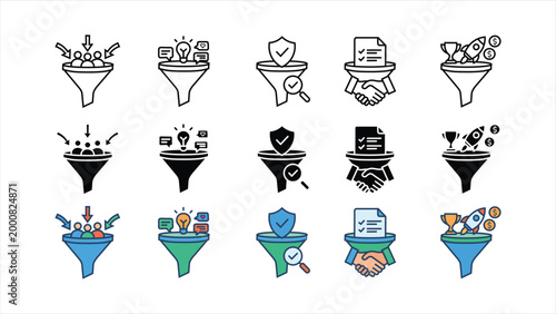 Sales funnel conversion flow icon set with marketing strategy customer journey and business growth symbols in outline solid black and colorful design styles isolated on white background