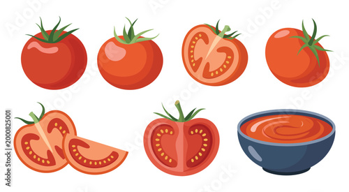 Tomatoes ripe fresh illustration, juicy slices and homemade tomato sauce in bowl, bright natural colors, healthy food concept, cooking ingredient visual, modern culinary artwork.